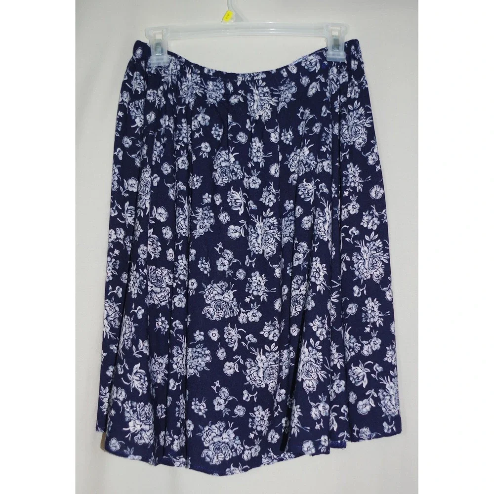 Navy Blue Medium? Floral A-Line Skirt Elastic Waist Cottagecore Prairie Boho